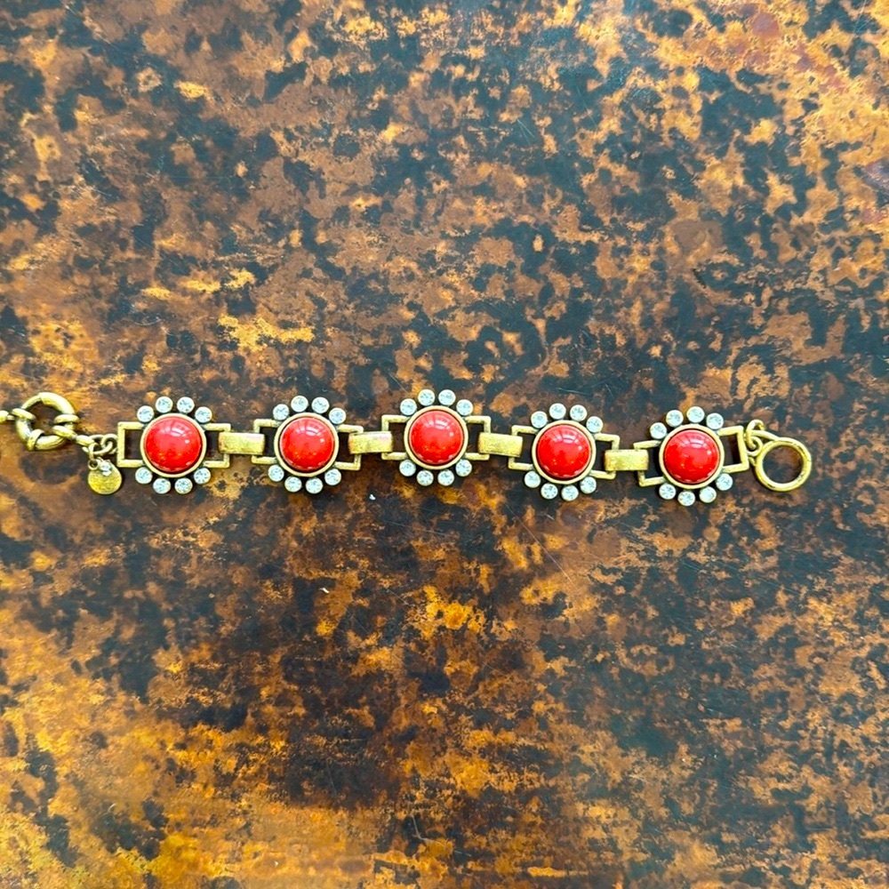 J Crew Crystal Orange Bubble Stone Burst Statement Bracelet Antique Gold 7”